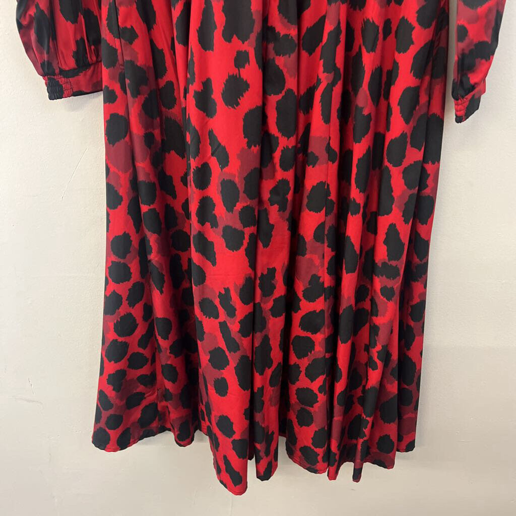 eShakti Red/ Black Print Long Sleeve Mock Neck Maxi Dress Medium