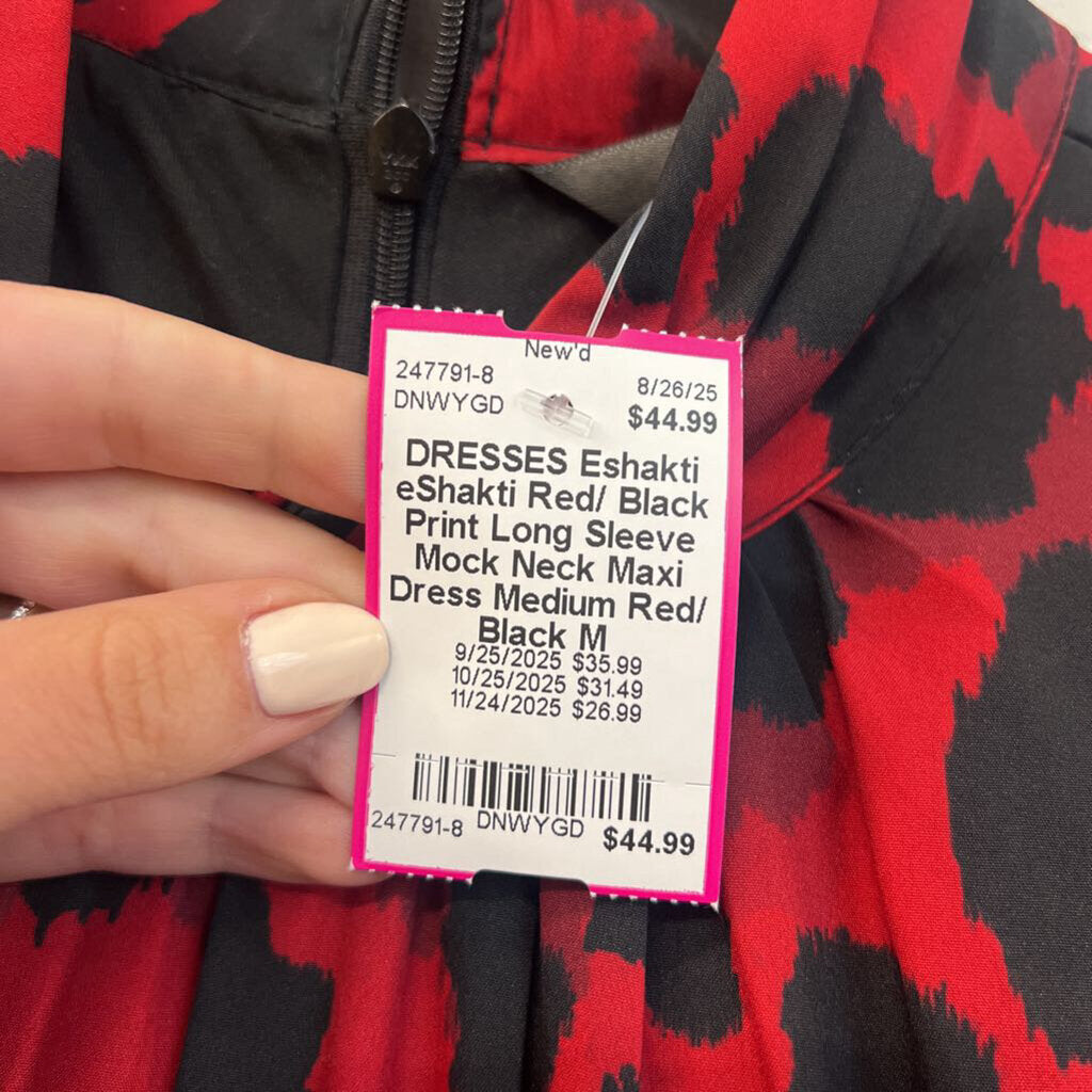 eShakti Red/ Black Print Long Sleeve Mock Neck Maxi Dress Medium