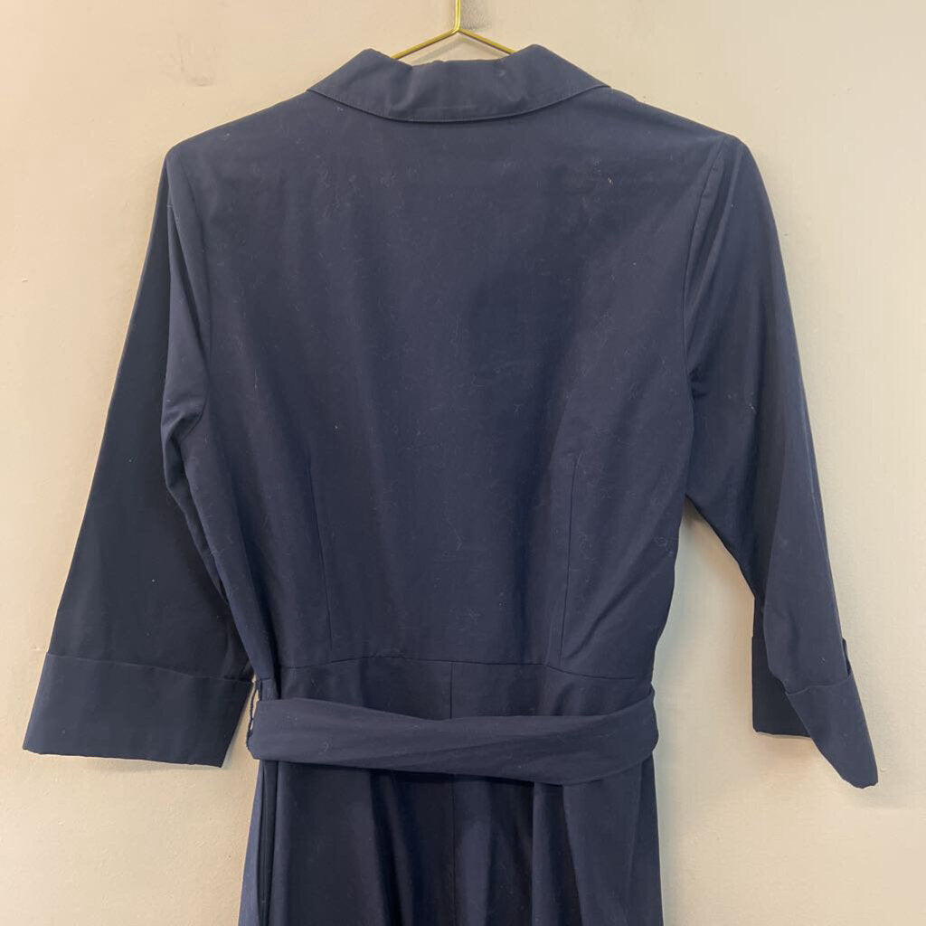 J Peterman Navy Long Sleeve Belt Waist Button Down Midi Dress 10