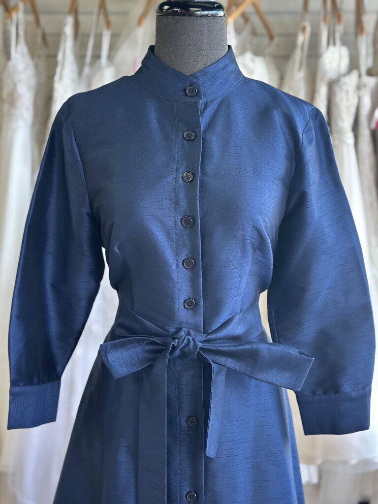 eShakti Navy Textured Long Sleeve Button Down Maxi Dress Large