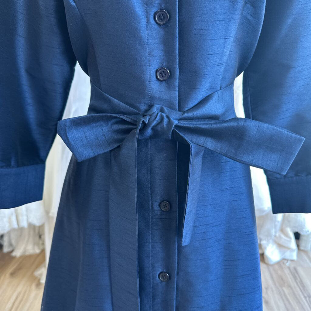eShakti Navy Textured Long Sleeve Button Down Maxi Dress Large