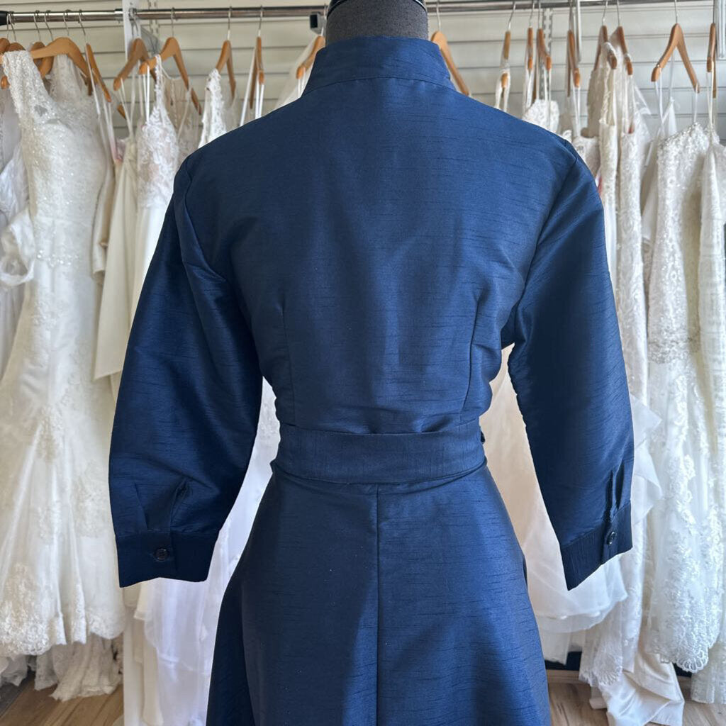 eShakti Navy Textured Long Sleeve Button Down Maxi Dress Large