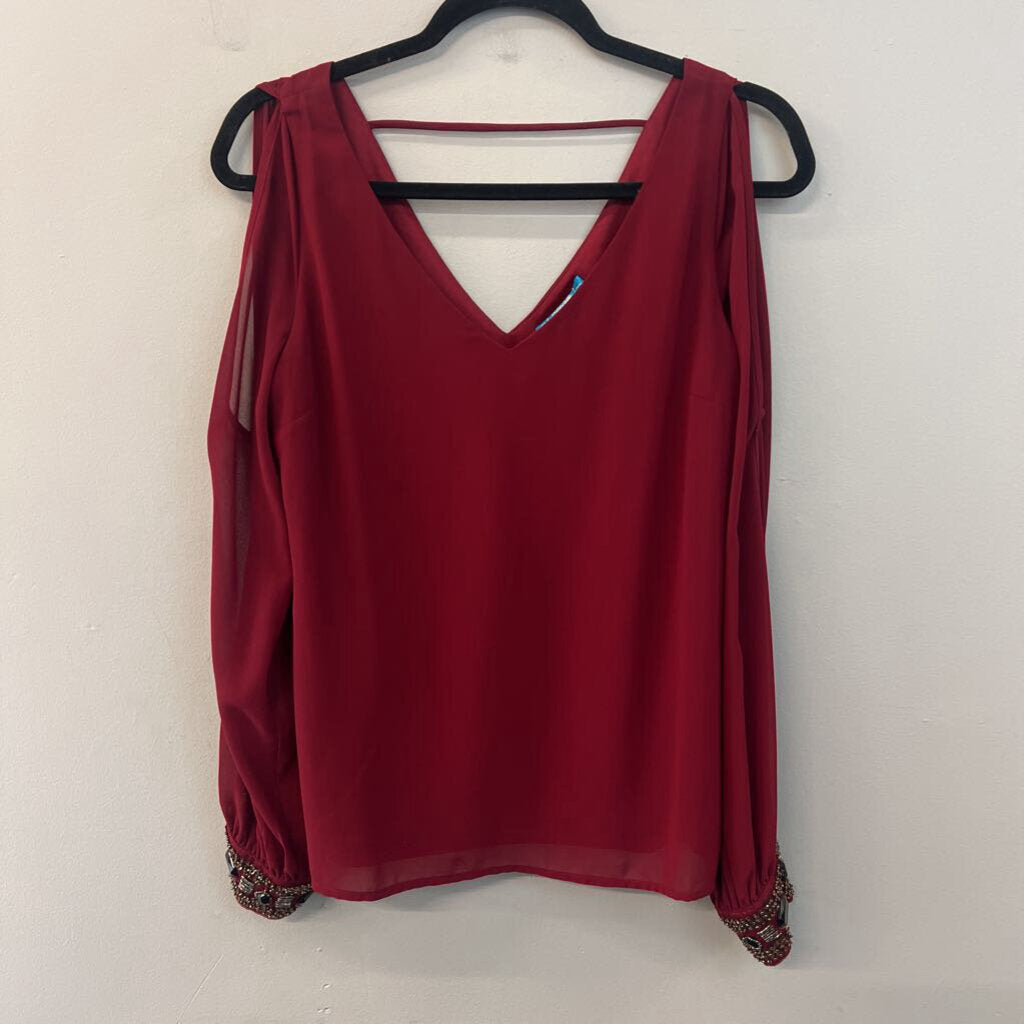 Buttons Burgundy Long Embellished Cuff Sleeve Cold Shoulder Top Medium