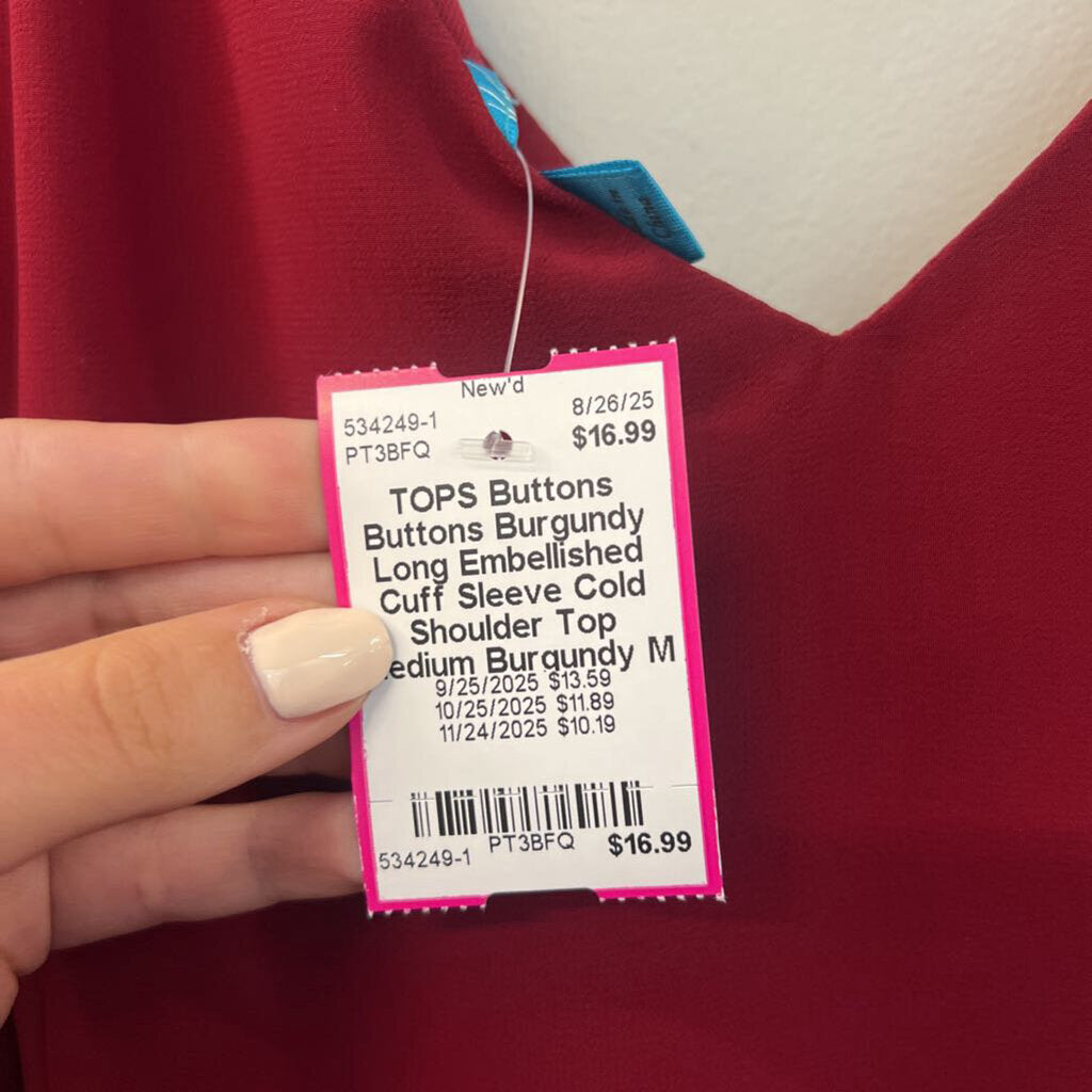 Buttons Burgundy Long Embellished Cuff Sleeve Cold Shoulder Top Medium