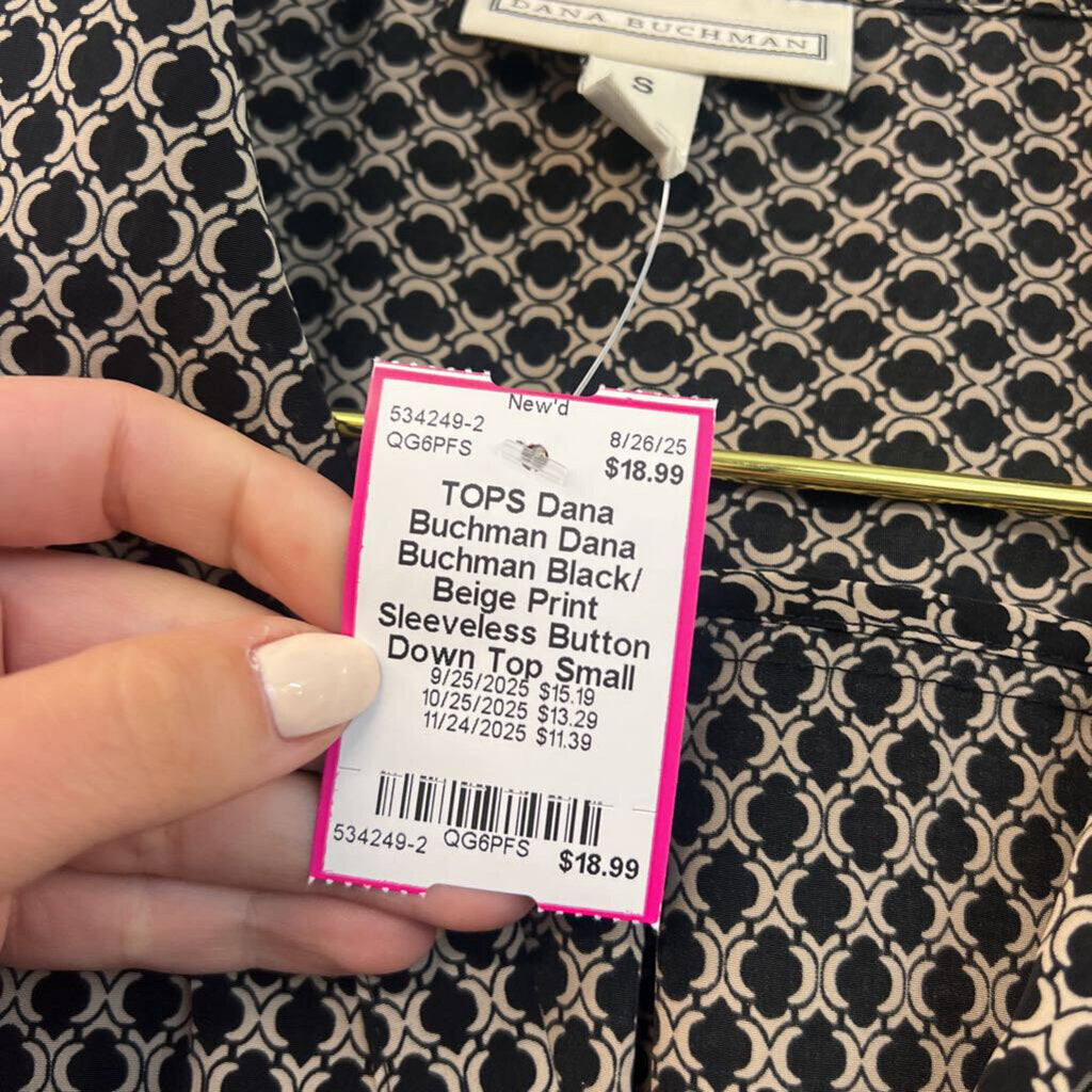 Dana Buchman Black/ Beige Print Sleeveless Button Down Top Small