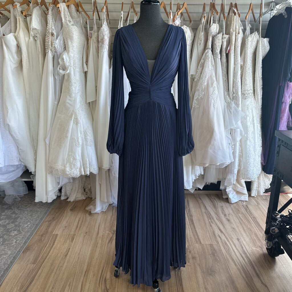 Blue Pleated Long Sleeve Long Formal Dress Medium