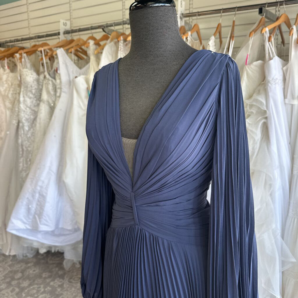Blue Pleated Long Sleeve Long Formal Dress Medium