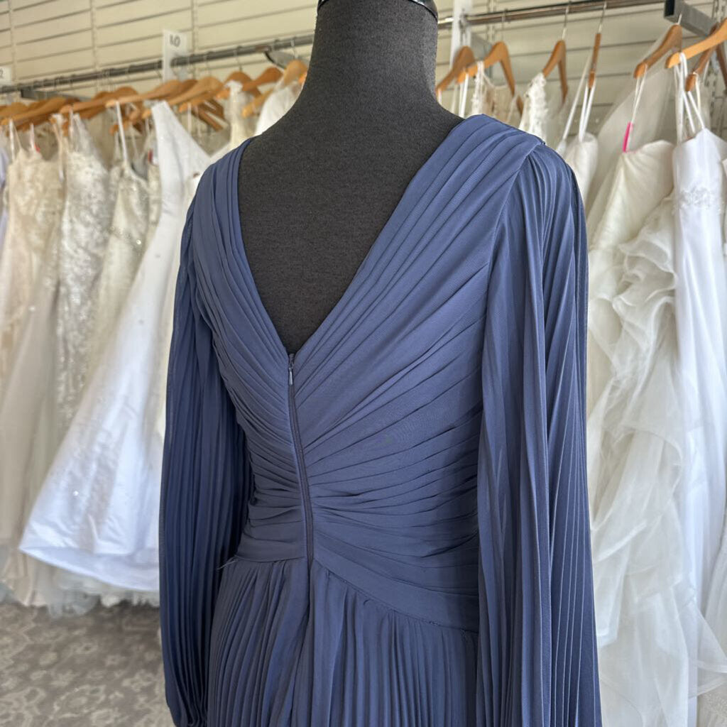 Blue Pleated Long Sleeve Long Formal Dress Medium