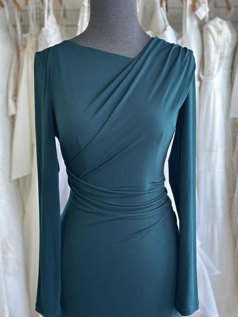 Connected Apparel Green Long Sleeve Ruched Long Formal Dress 6