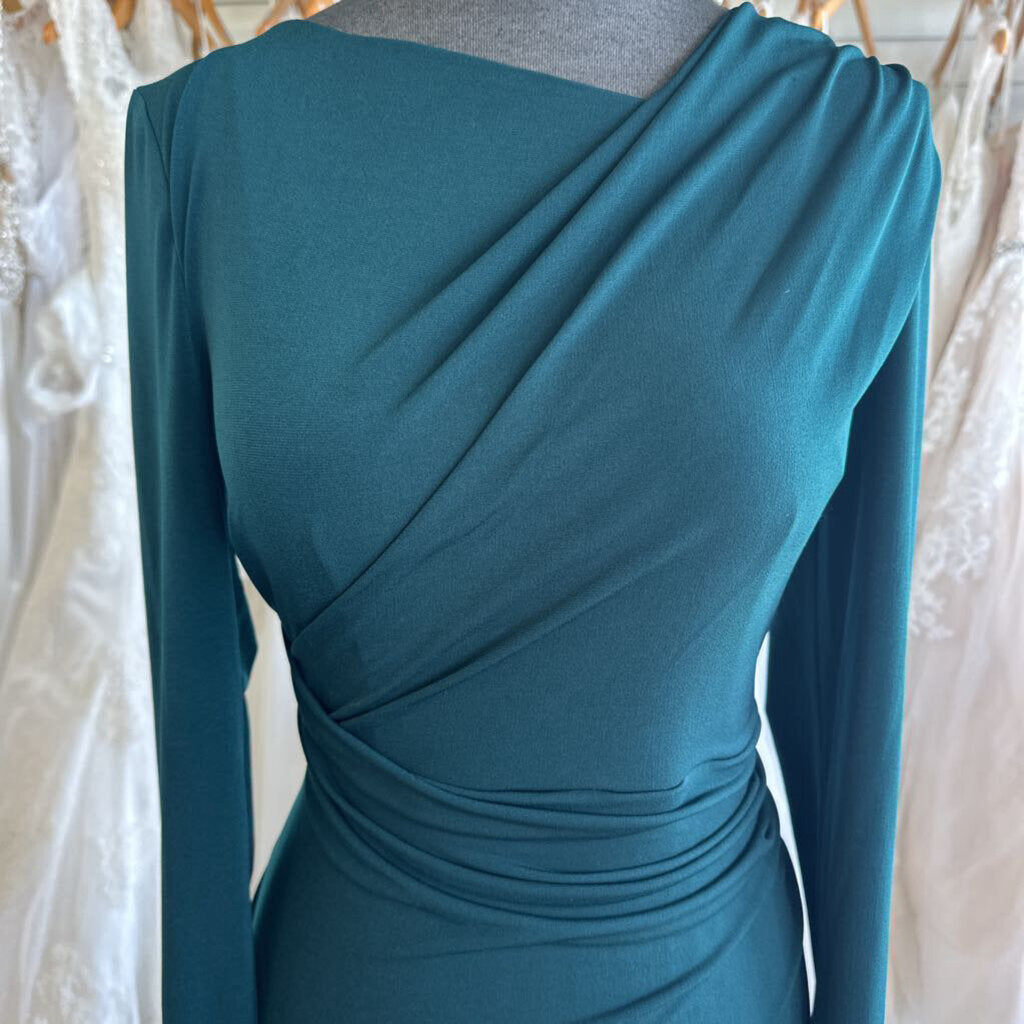 Connected Apparel Green Long Sleeve Ruched Long Formal Dress 6