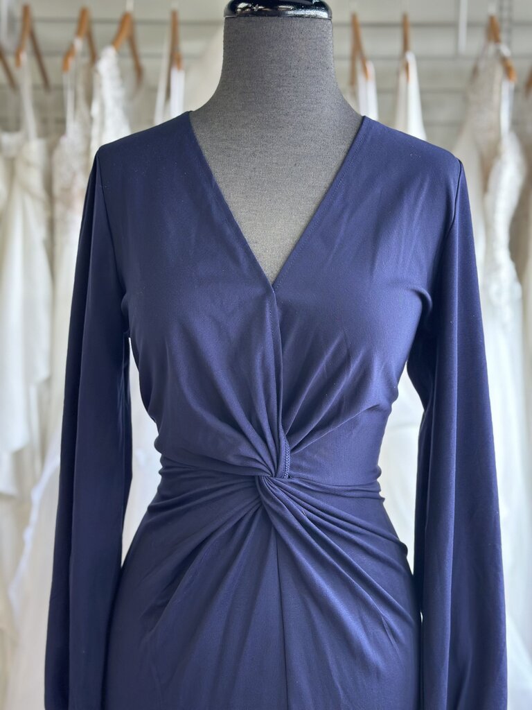 Pretty Garden Navy Long Sleeve Fitted Long Formal Dress Medium