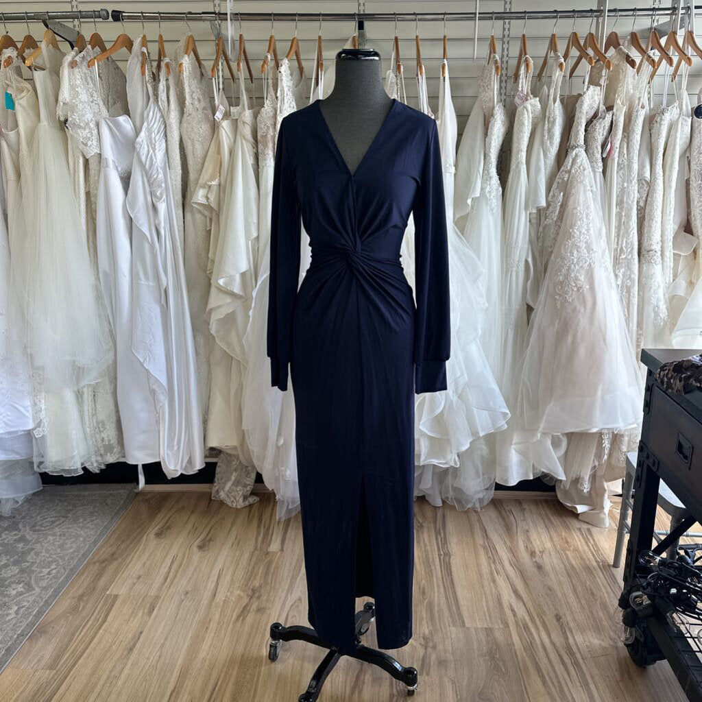 Pretty Garden Navy Long Sleeve Fitted Long Formal Dress Medium