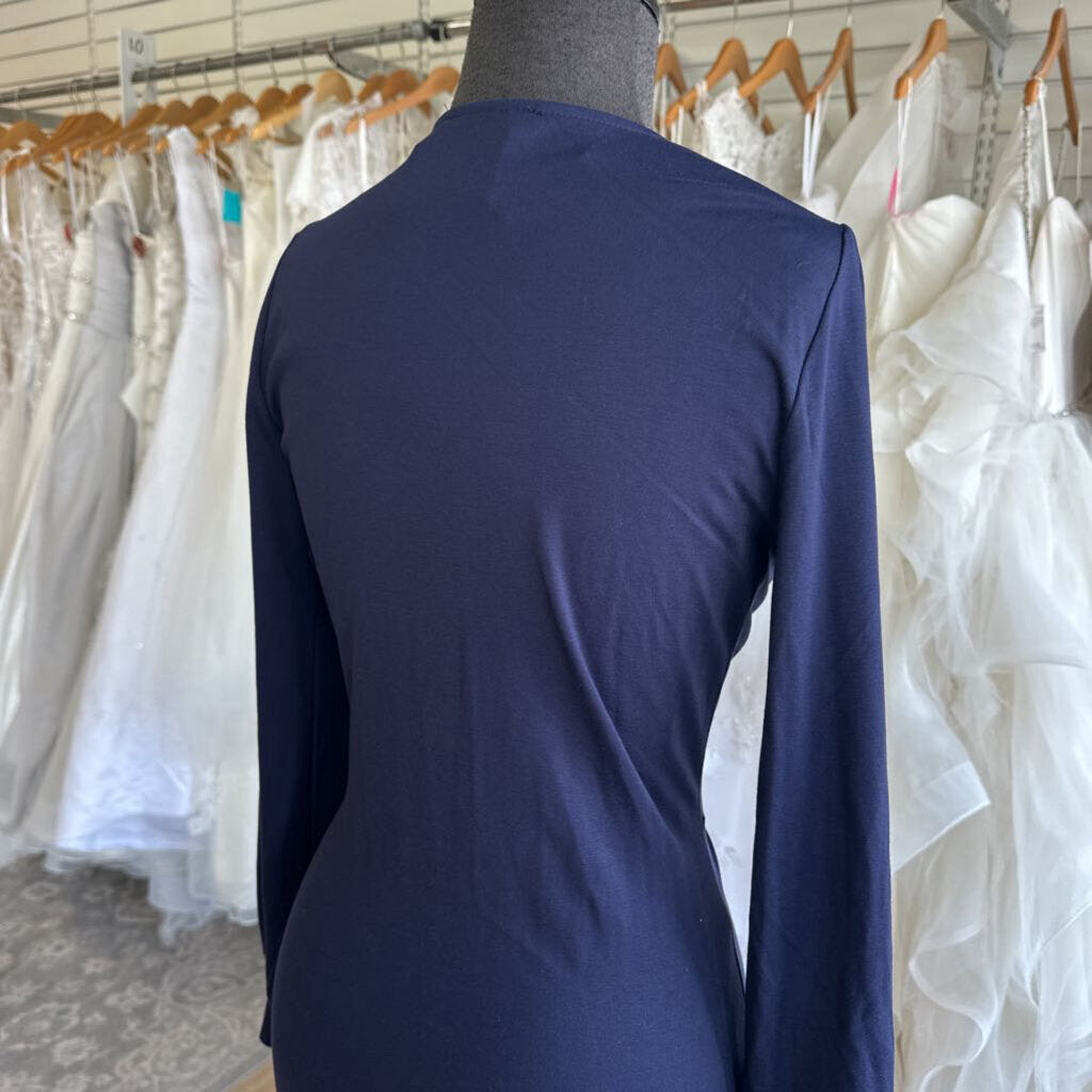 Pretty Garden Navy Long Sleeve Fitted Long Formal Dress Medium