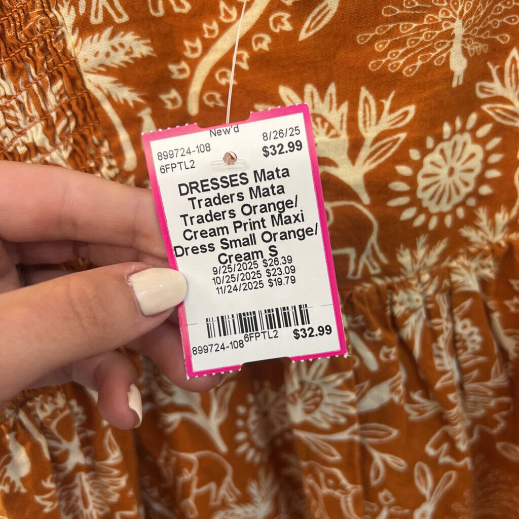 Mata Traders Orange/ Cream Print Maxi Dress Small