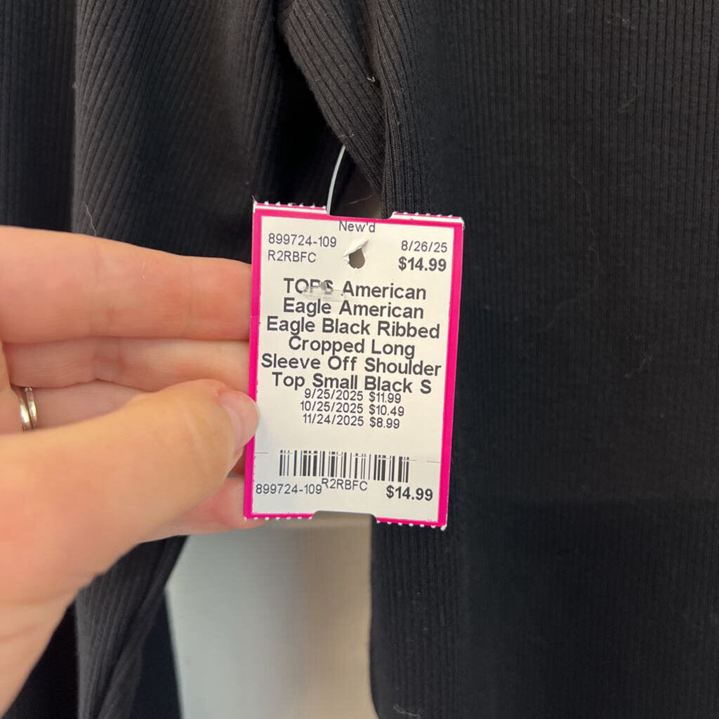 American Eagle Black Ribbed Cropped Long Sleeve Off Shoulder Top Small