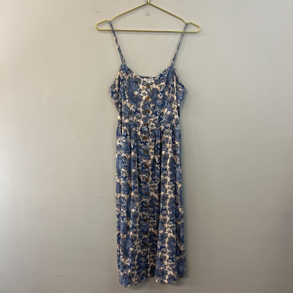 H&M Beige/ Blue Paisley Print Button Front Midi Dress 8
