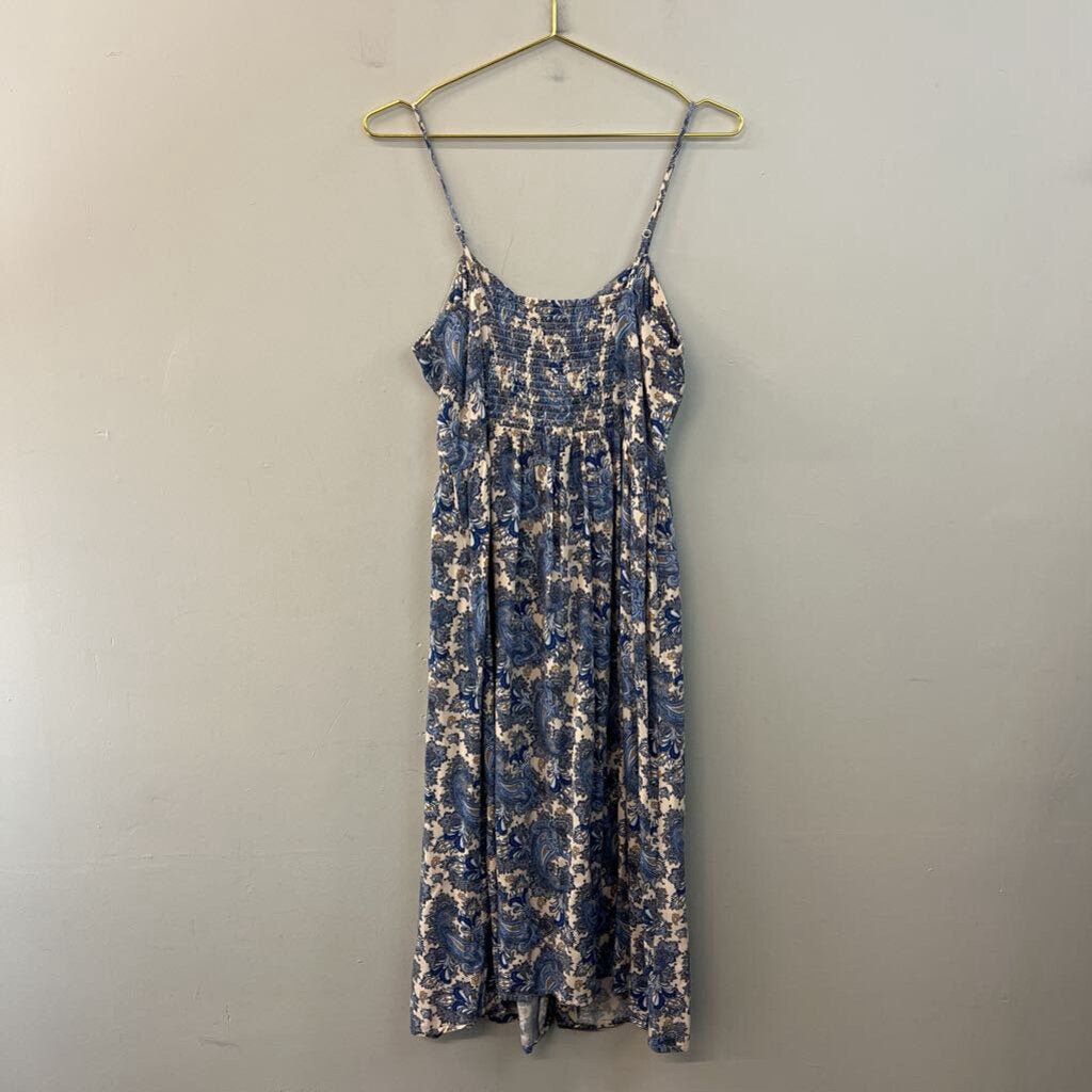 H&M Beige/ Blue Paisley Print Button Front Midi Dress 8