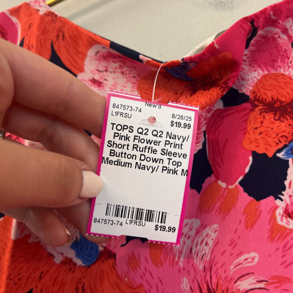 Q2 Navy/ Pink Flower Print Short Ruffle Sleeve Button Down Top Medium