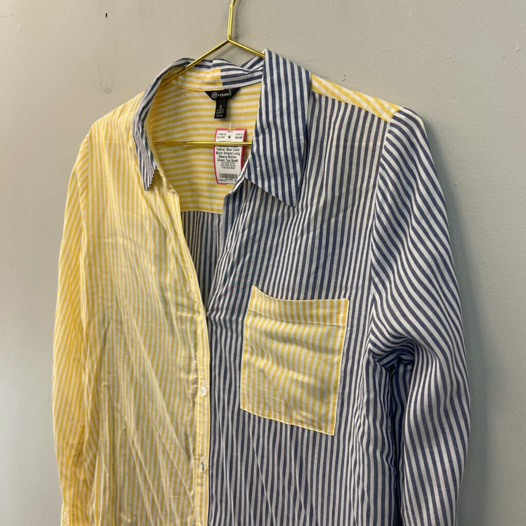 Versona White/ Yellow/ Blue Color Block Striped Long Sleeve Button Down Top Small