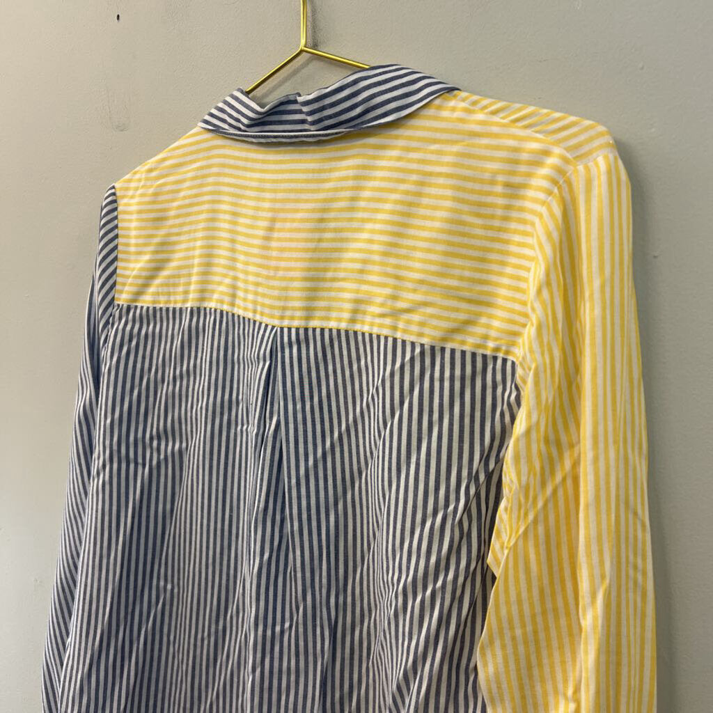 Versona White/ Yellow/ Blue Color Block Striped Long Sleeve Button Down Top Small