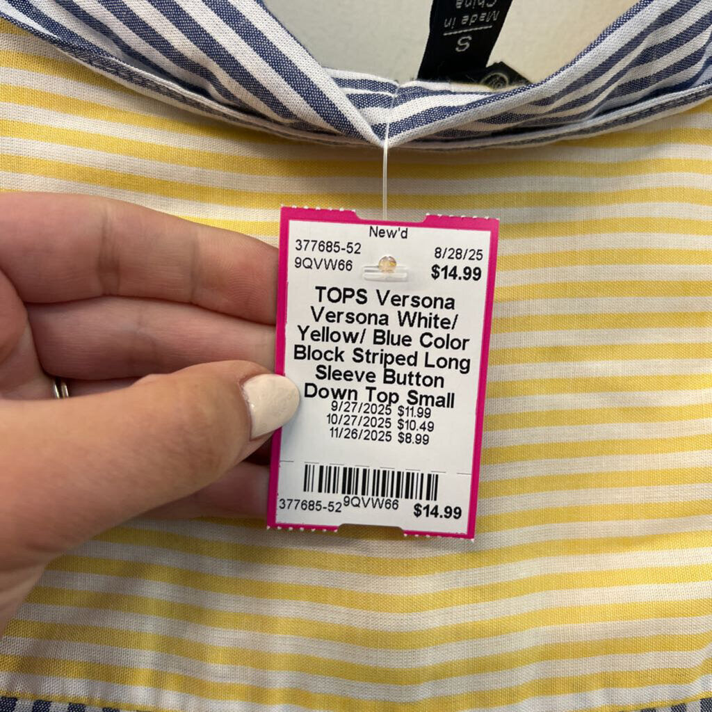 Versona White/ Yellow/ Blue Color Block Striped Long Sleeve Button Down Top Small