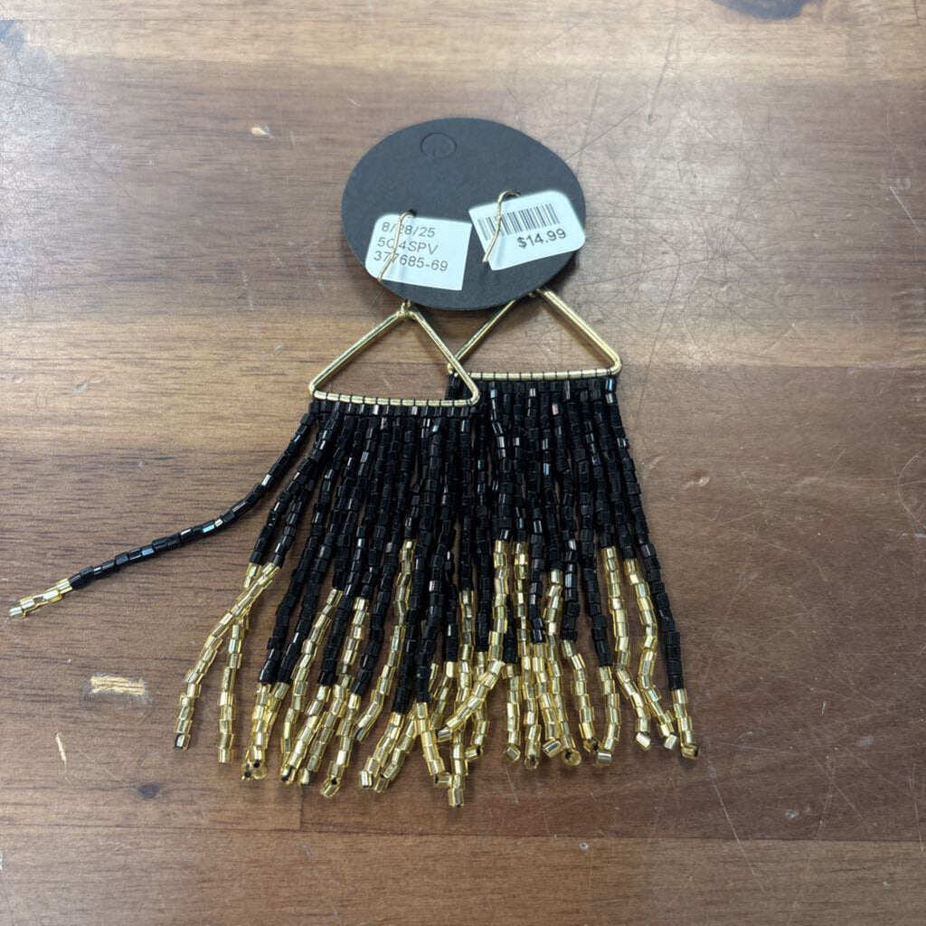 Gold/ Black Beaded Tassel Drop Statement Earrings