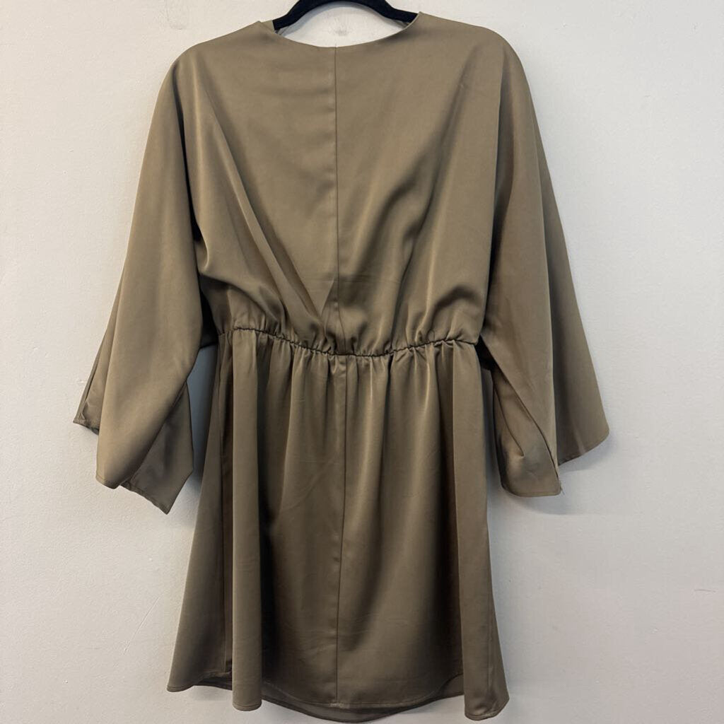 Lena Olive Green Silky Long Sleeve Cut Out Front Dress Large