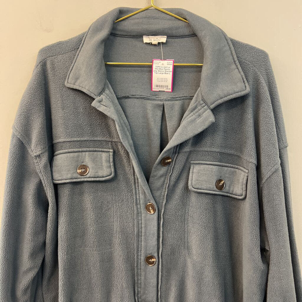 La Miel Blue Fleece Long Sleeve Shacket Top Large