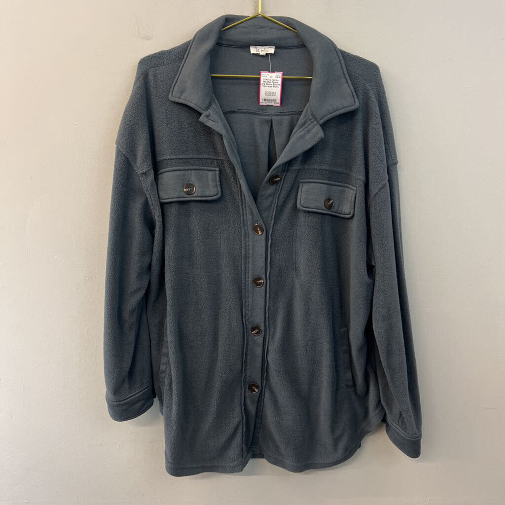 La Miel Blue Fleece Long Sleeve Shacket Top Large
