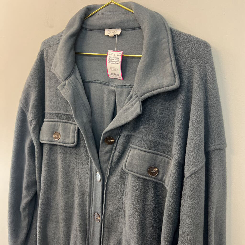 La Miel Blue Fleece Long Sleeve Shacket Top Large