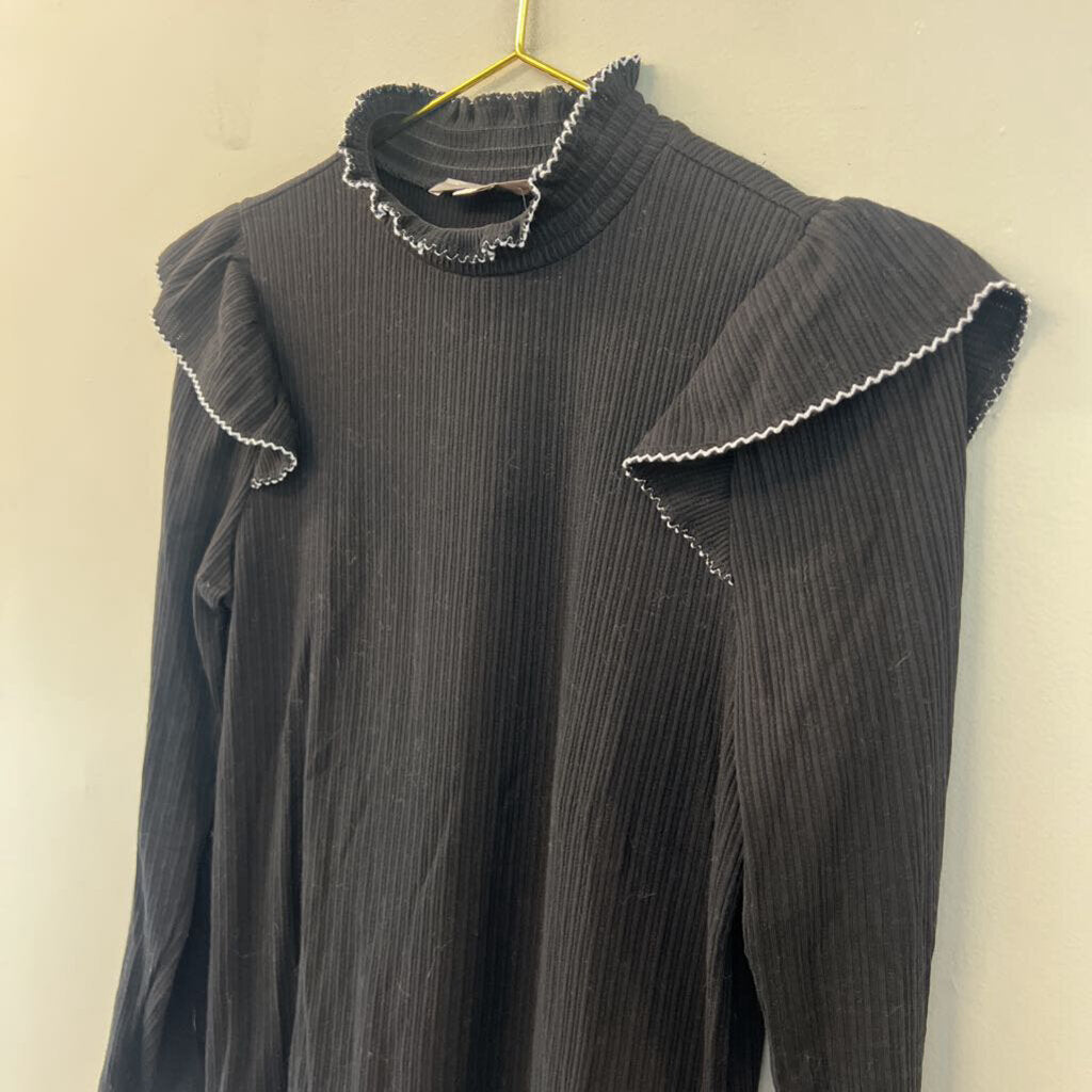 Loft Black/ White Print Ruffle Shoulder Long Sleeve Mock Neck Top Large