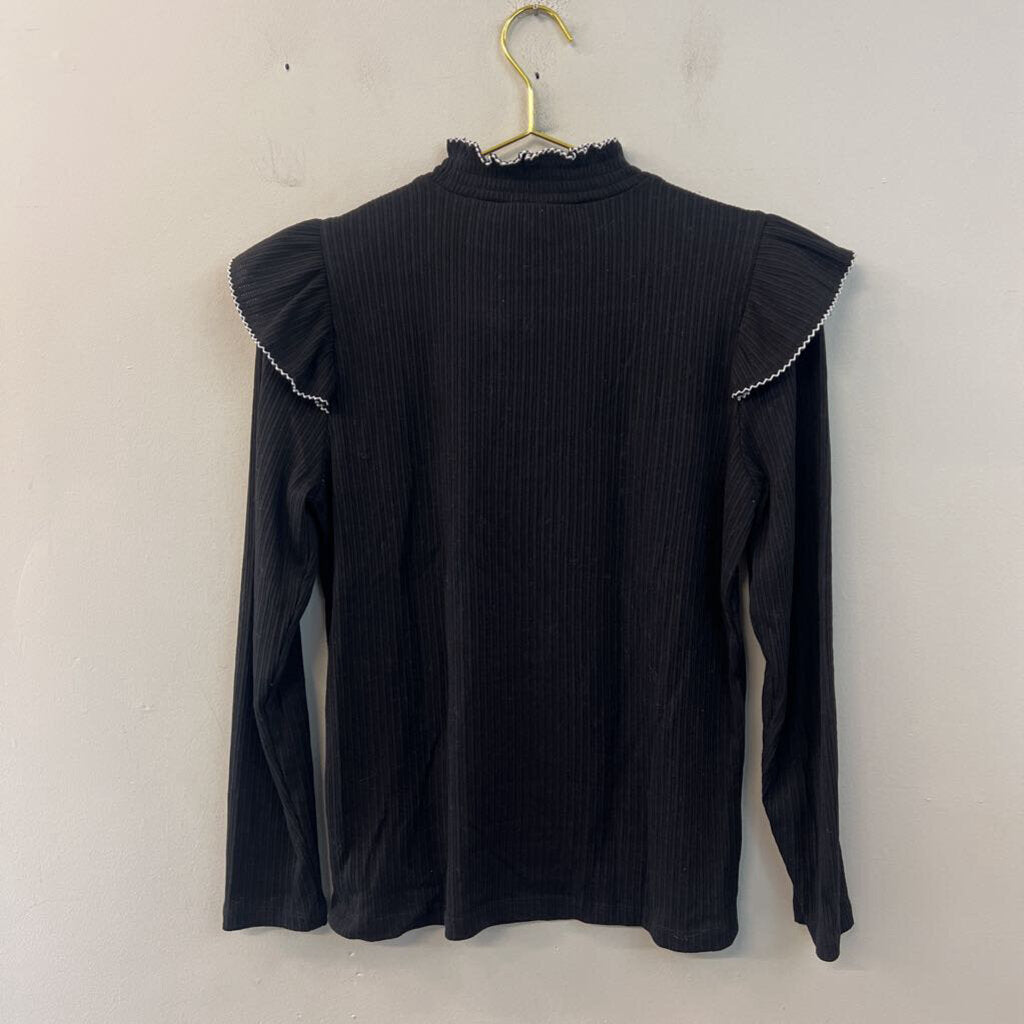 Loft Black/ White Print Ruffle Shoulder Long Sleeve Mock Neck Top Large