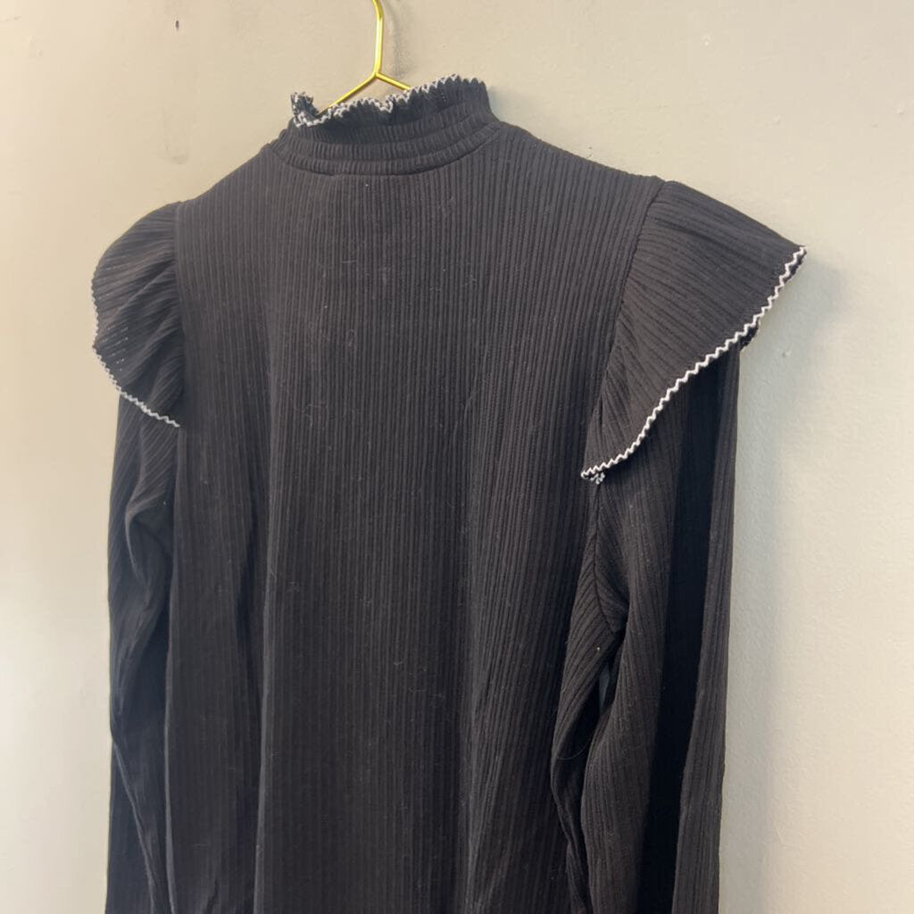 Loft Black/ White Print Ruffle Shoulder Long Sleeve Mock Neck Top Large