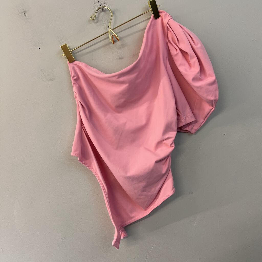 Intimately Free People Pink Short Puff Sleeve One Shoulder Bodysuit Medium