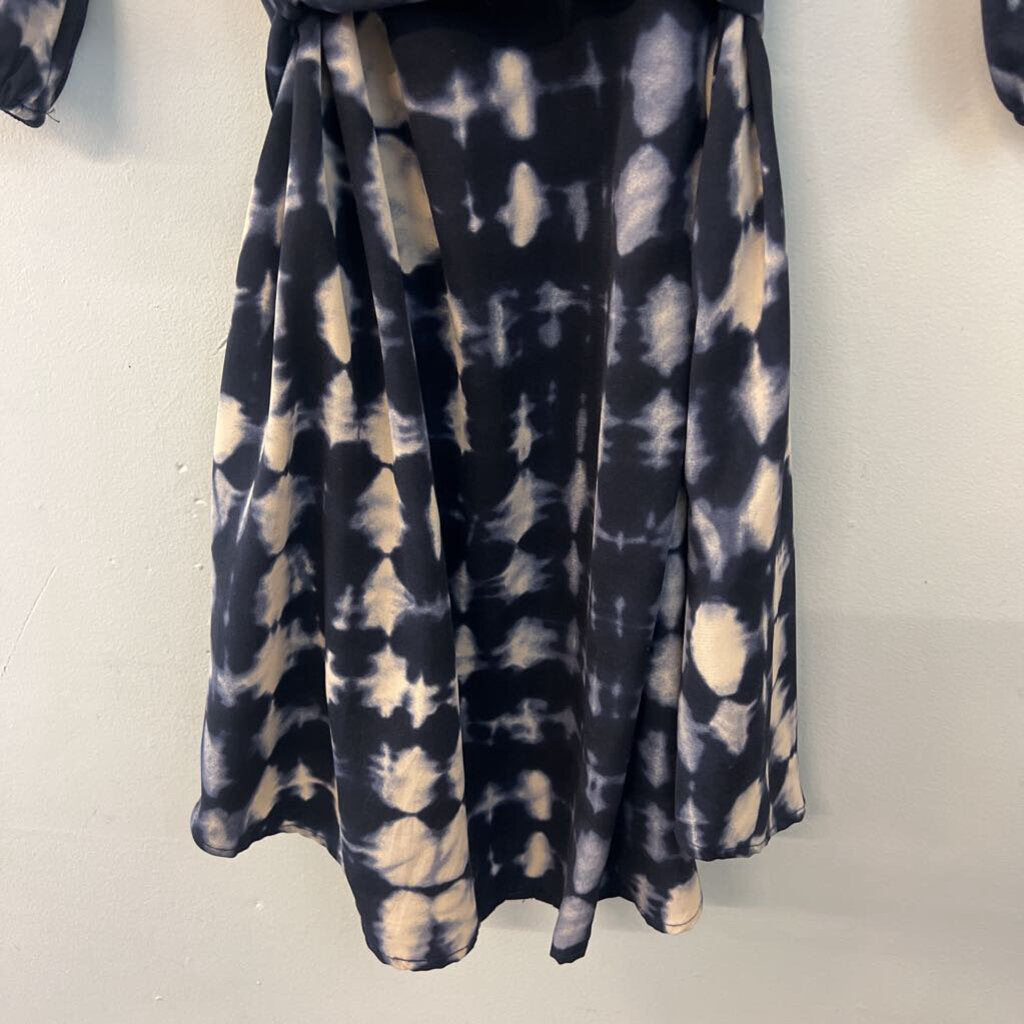 Tyche Navy/ Cream Print Long Sleeve Tie Waist Dress Medium
