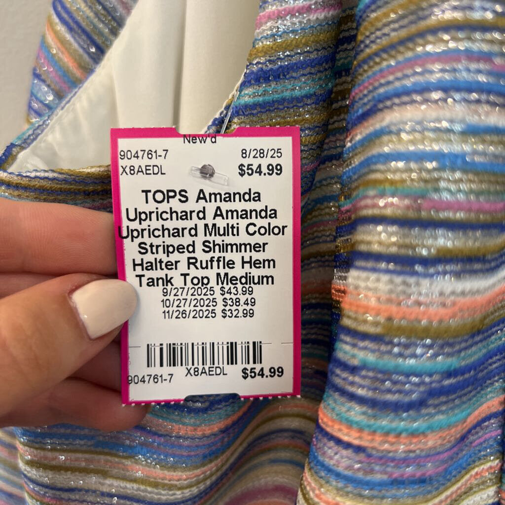 Amanda Uprichard Multi Color Striped Shimmer Halter Ruffle Hem Tank Top Medium