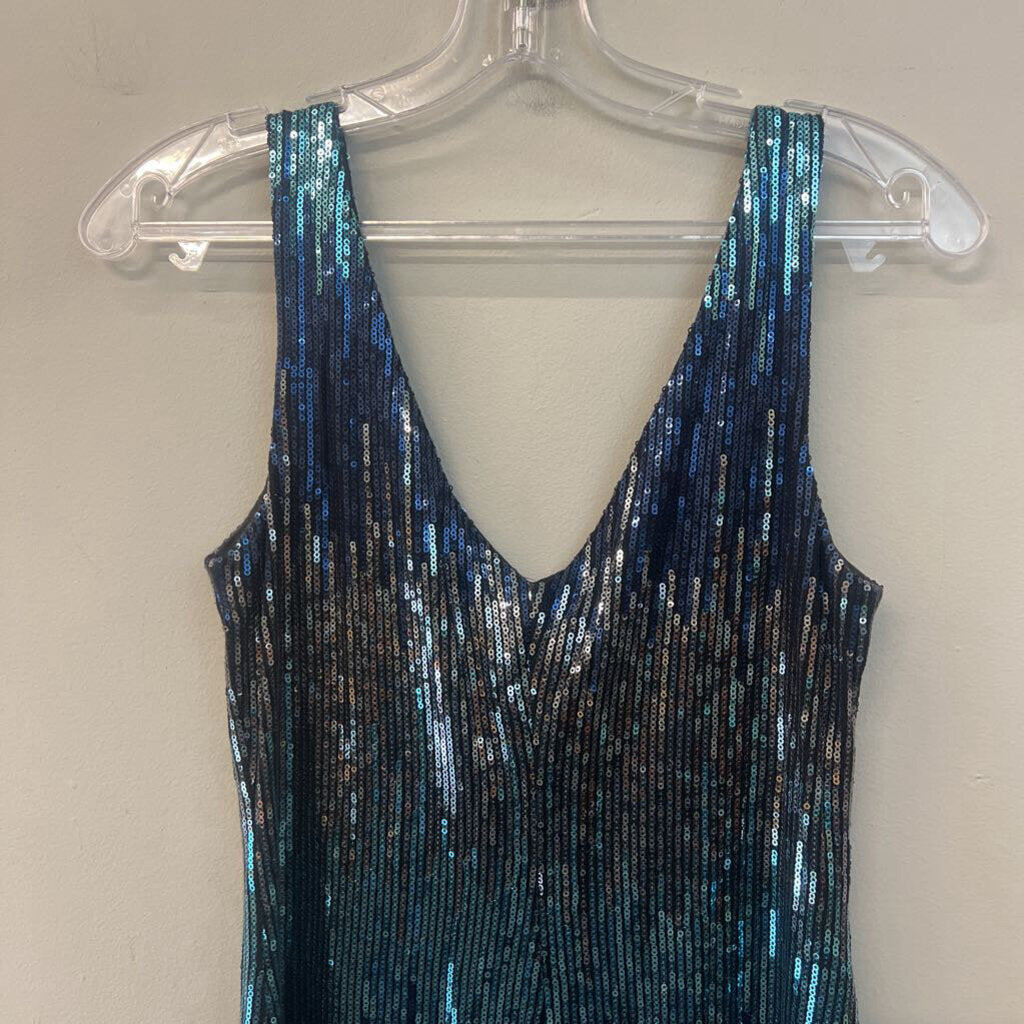 Black/ Blue/ Silver Sequin V Neck Sleeveless Short Formal Dress Small