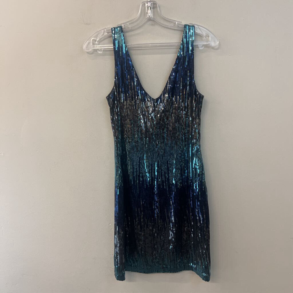 Black/ Blue/ Silver Sequin V Neck Sleeveless Short Formal Dress Small