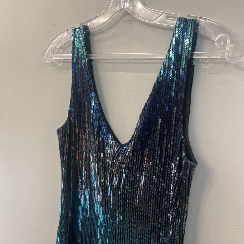 Black/ Blue/ Silver Sequin V Neck Sleeveless Short Formal Dress Small