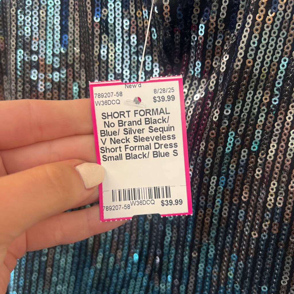 Black/ Blue/ Silver Sequin V Neck Sleeveless Short Formal Dress Small