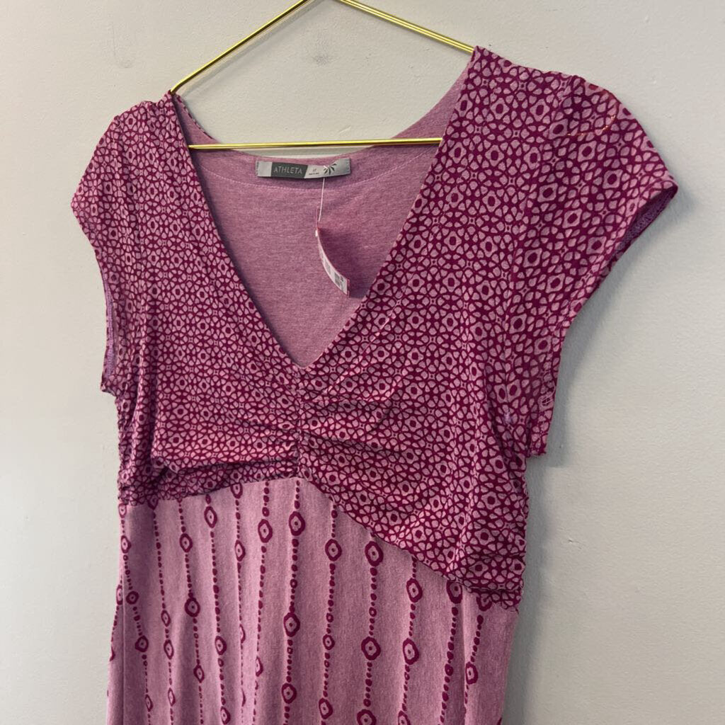 Athleta Pink/ Purple Print Short Sleeve Midi Dress Large Tall