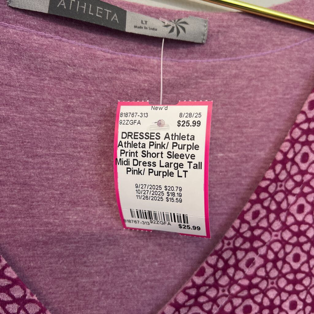 Athleta Pink/ Purple Print Short Sleeve Midi Dress Large Tall