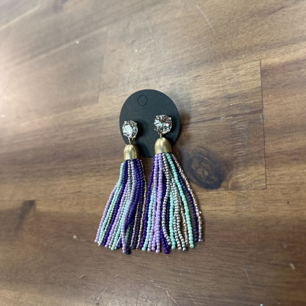 Gold/ Purple/ Blue Beaded Tassel Drop Statement Earrings