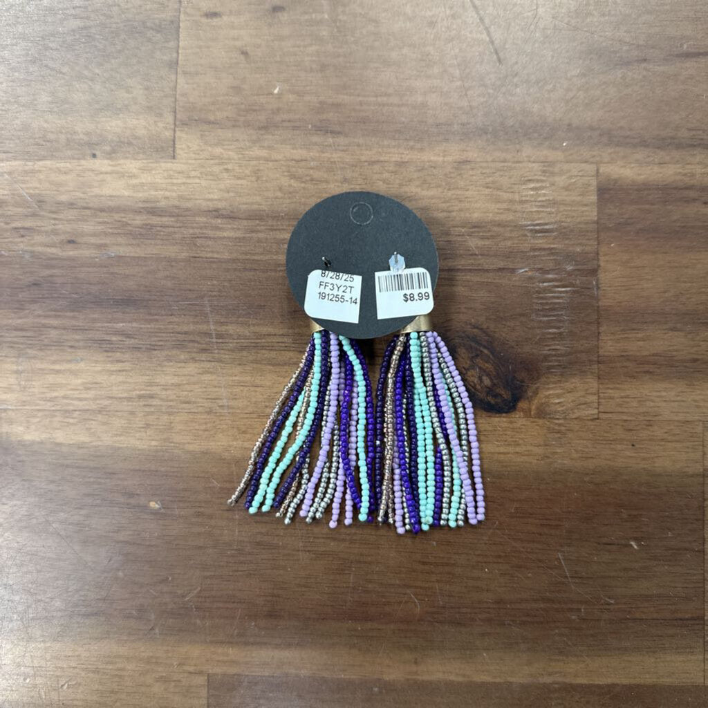 Gold/ Purple/ Blue Beaded Tassel Drop Statement Earrings