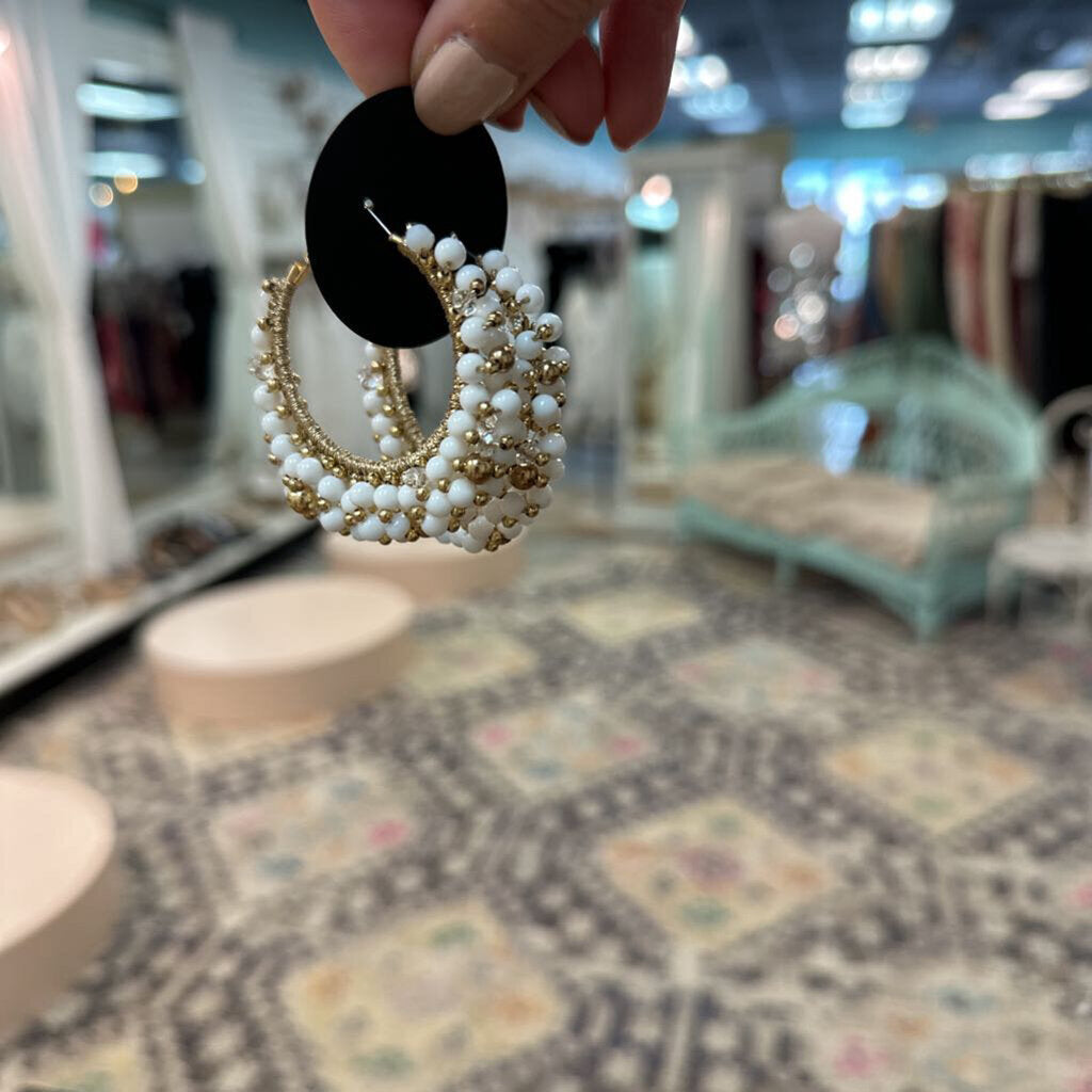 Gold/ White Beaded Cluster Hoop Earrings