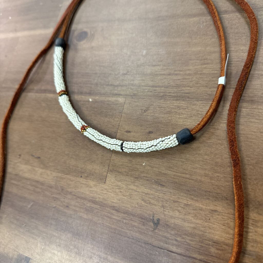 Brown Leather Beaded Detail Wrap Necklace