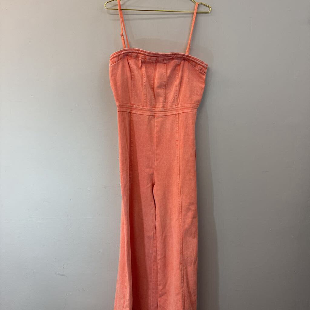 Vici Salmon Pink Denim Wide Leg Jumpsuit Large