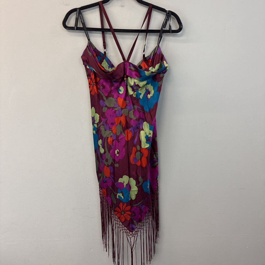 Ideology Y2K Purple/ Multi Print 100% Silk Midi Skirt/ Fringe Top Set Small