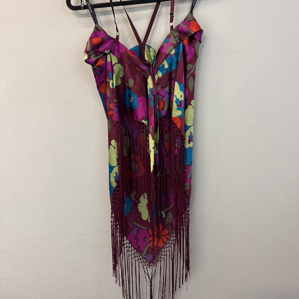 Ideology Y2K Purple/ Multi Print 100% Silk Midi Skirt/ Fringe Top Set Small
