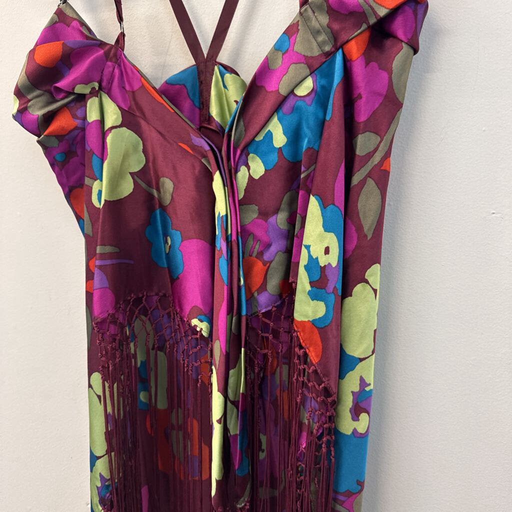 Ideology Y2K Purple/ Multi Print 100% Silk Midi Skirt/ Fringe Top Set Small